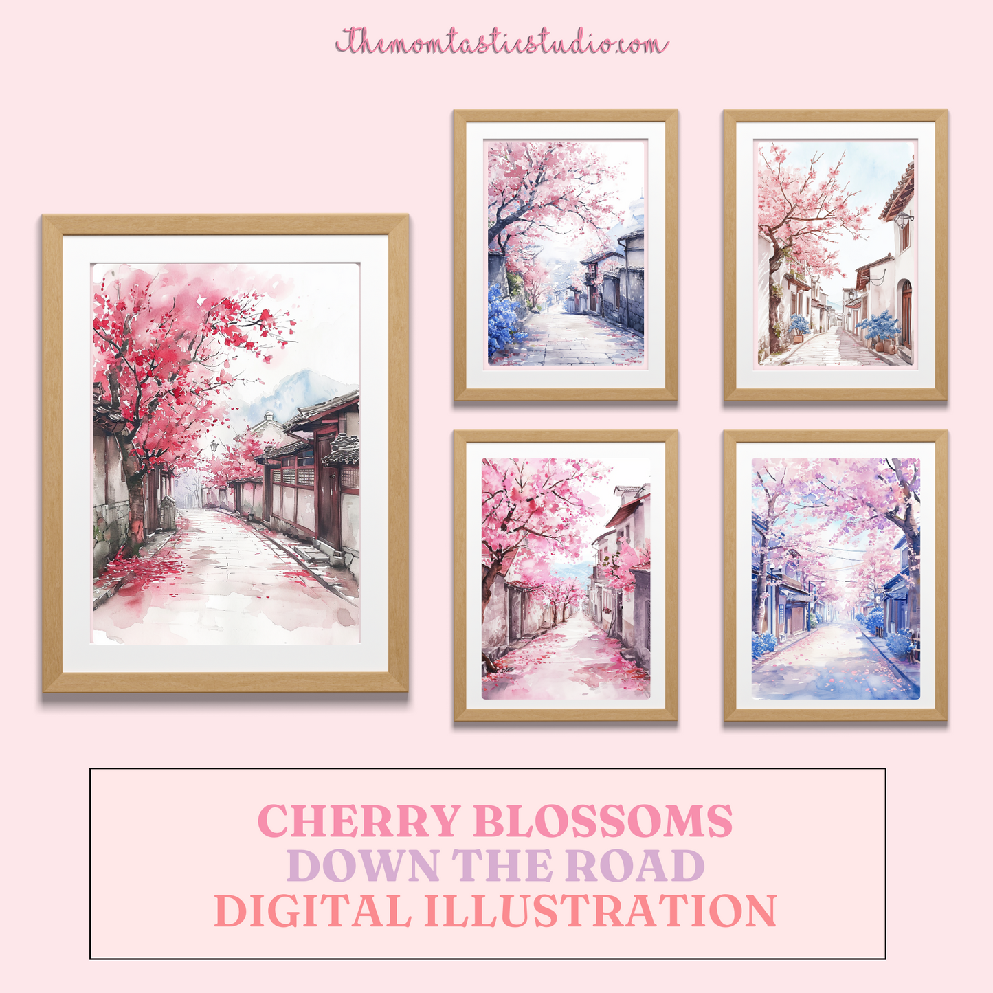 Cherry Blossoms Down the Road - Watercolor Digital Illustration 300DPI – Instant Download – Commercial Use