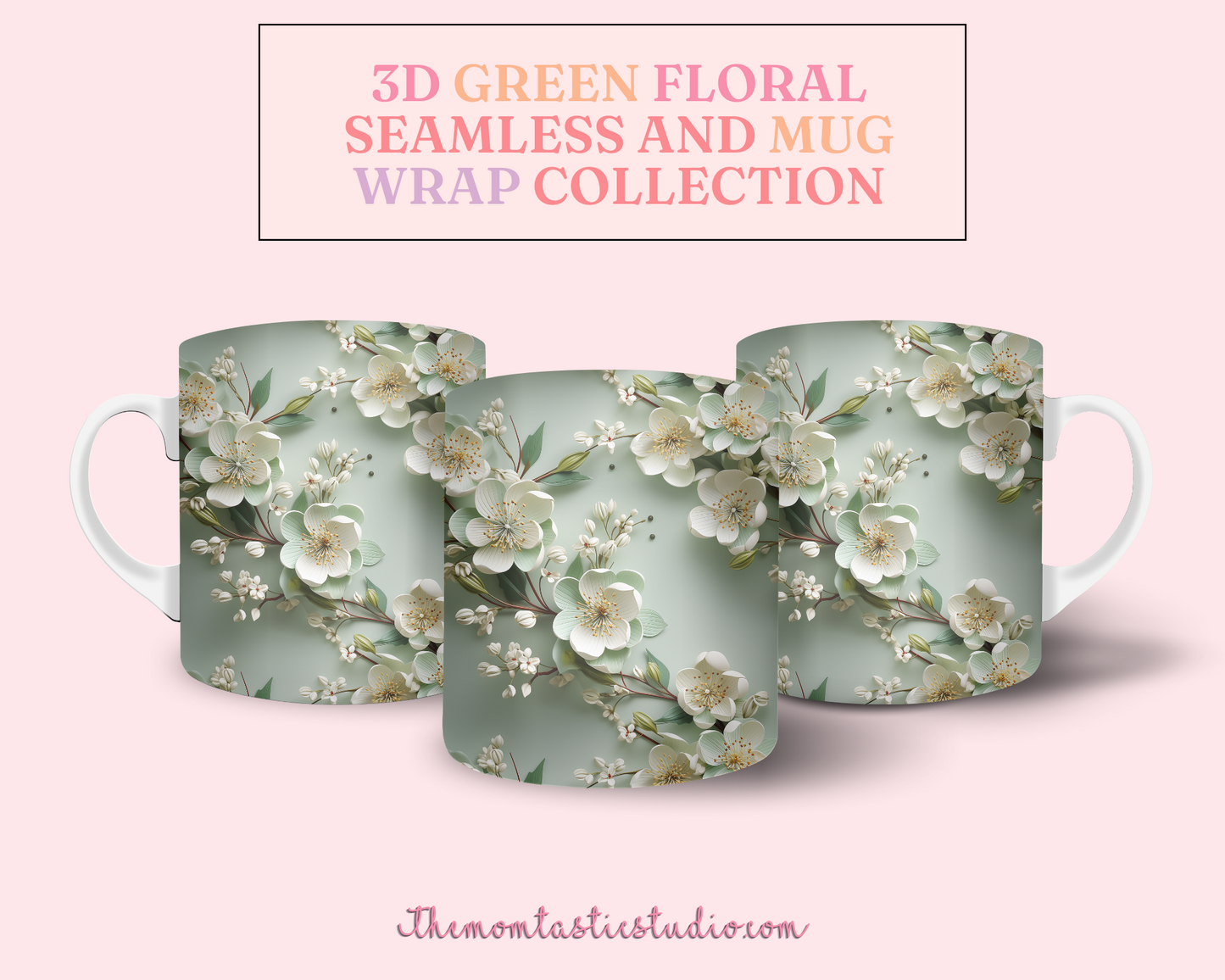 3D Green Floral (Seamless, A4, and Mug Wrap Format) - Commercial Use