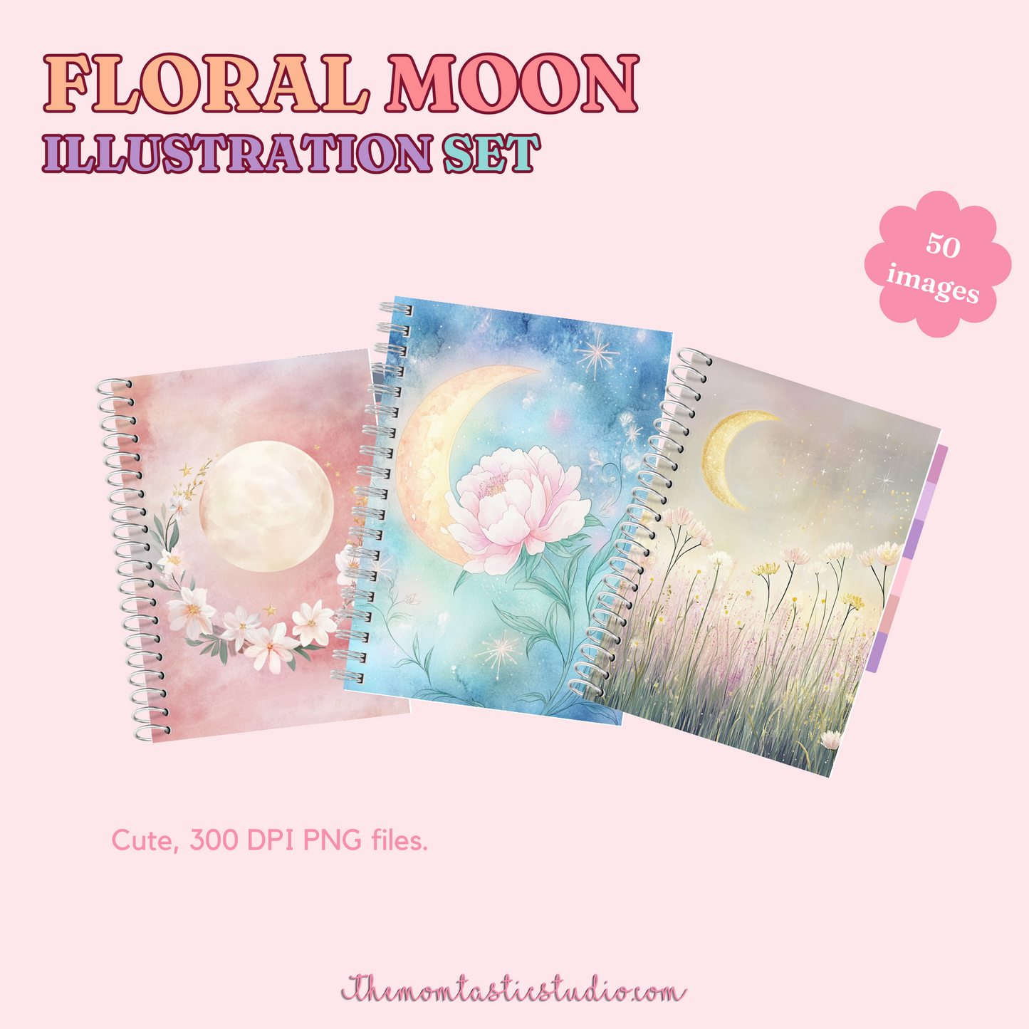 Floral Moon Illustration Set - 300 DPI – Instant Download – Commercial Use