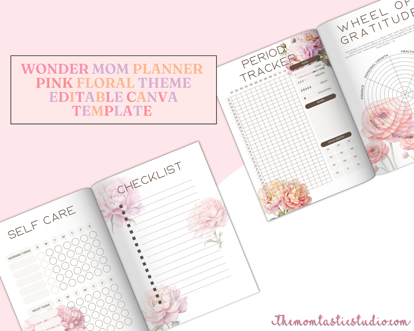 WonderMom Planner - Daily, Weekly, Monthly, Budget, Bills, Checklists, Lists, Notes, Reflections, Meal Plan, Chore Chart, Family Calendar, Shopping List Pages (Pink FloralTheme) - Canva Editable