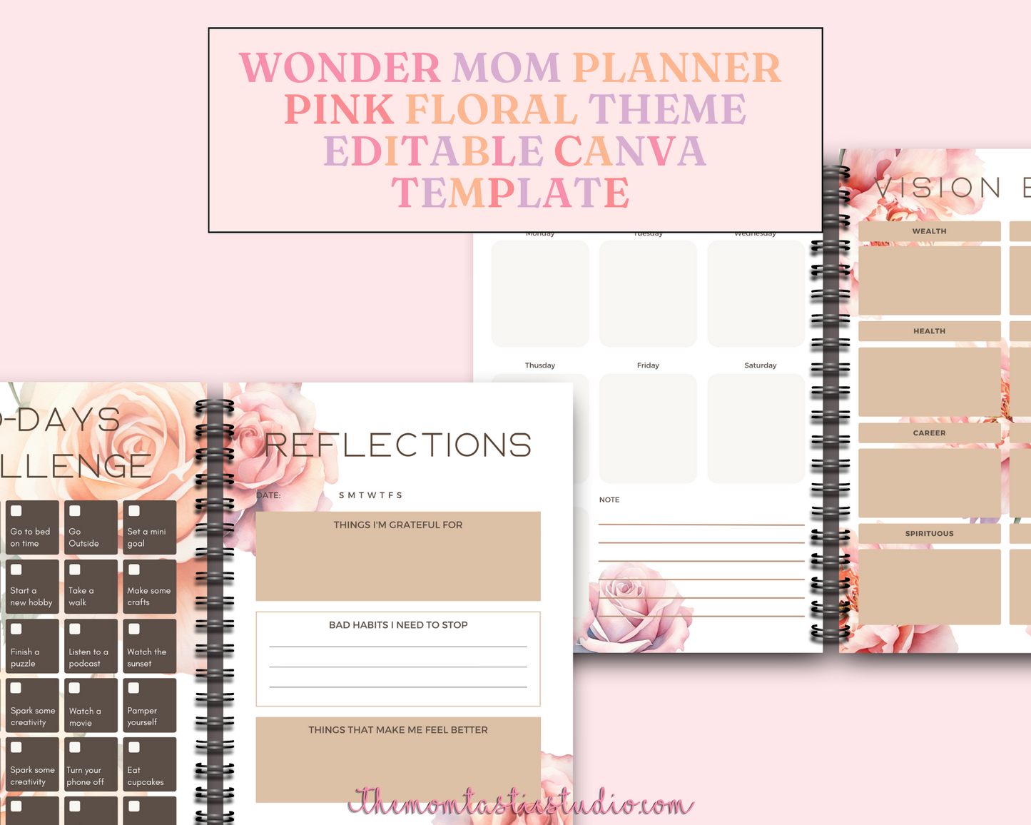 WonderMom Planner - Daily, Weekly, Monthly, Budget, Bills, Checklists, Lists, Notes, Reflections, Meal Plan, Chore Chart, Family Calendar, Shopping List Pages (Pink FloralTheme) - Canva Editable