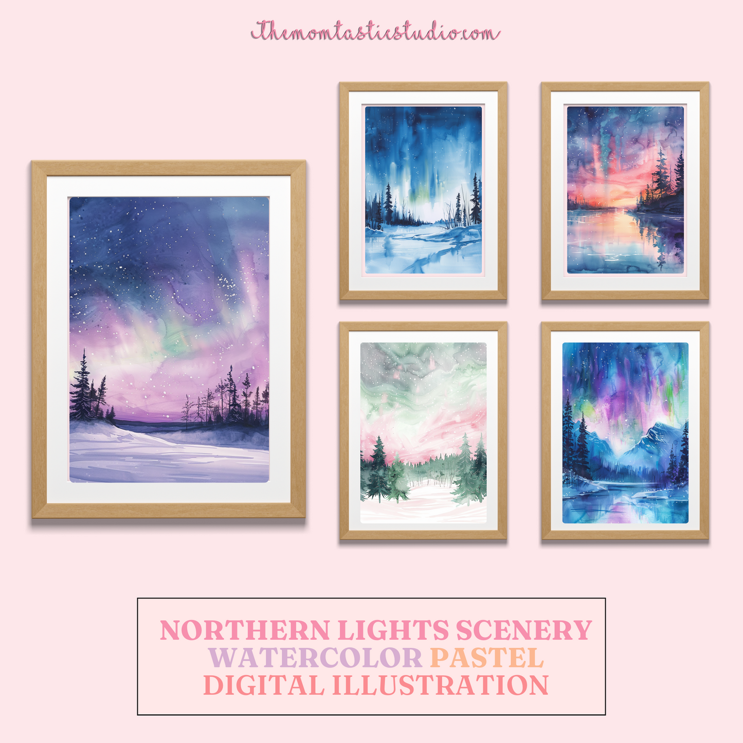 Northern Lights Scenery Watercolor Pastel Digital Illustration 300DPI – Instant Download – Commercial Use