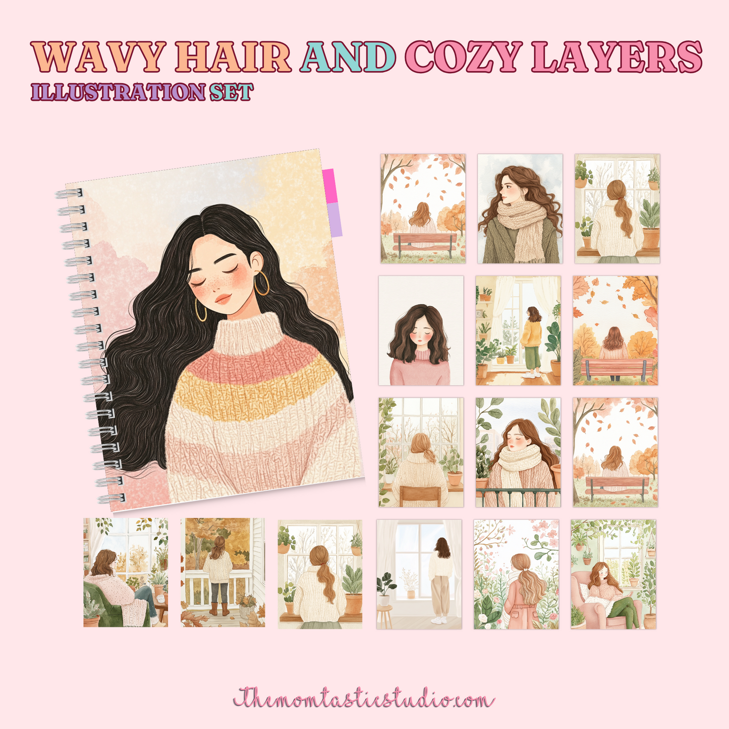 Wavy Hair and Cozy Layers Illustration Set - 300 DPI – Instant Download – Commercial Use