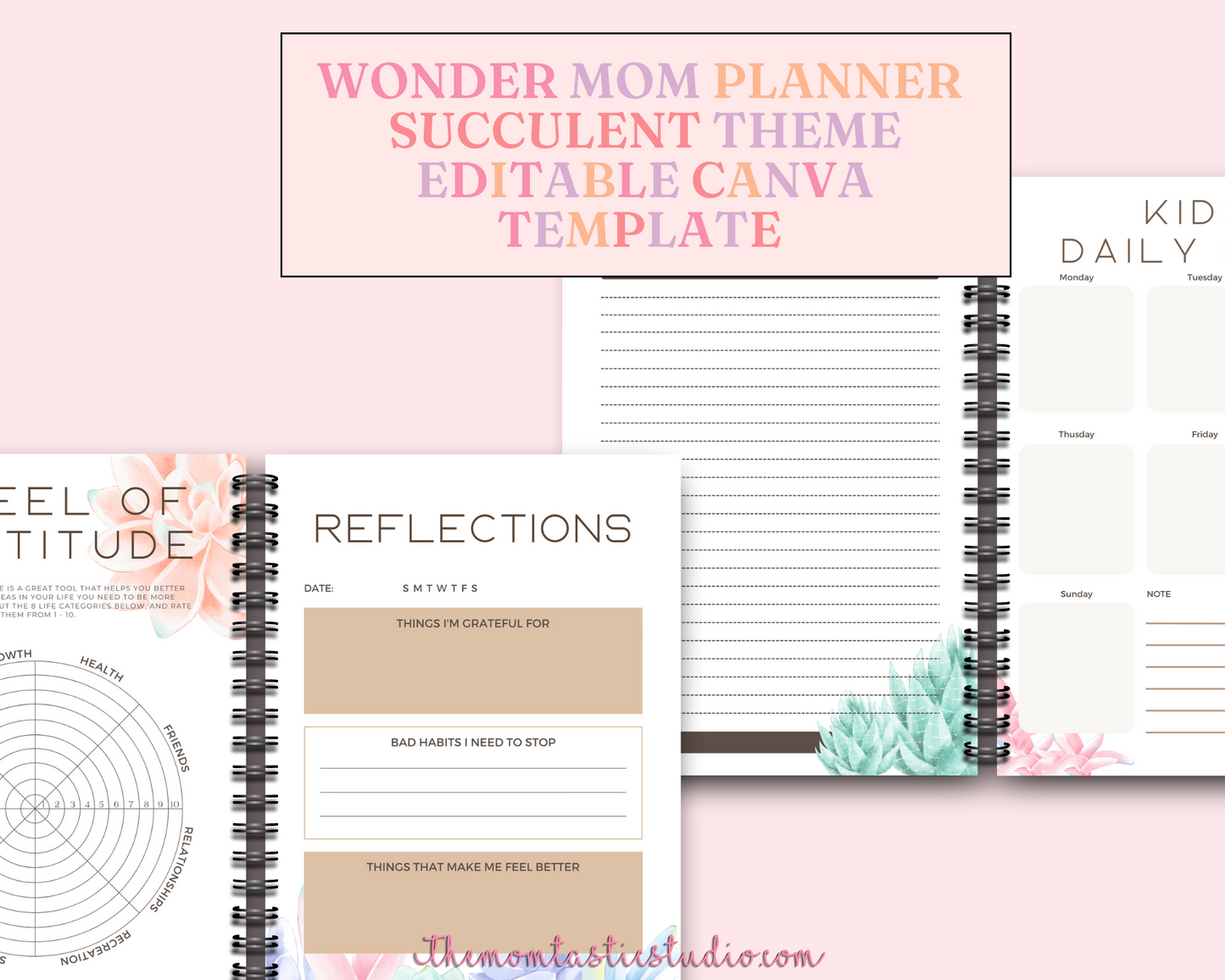 WonderMom Planner - Daily, Weekly, Monthly, Budget, Bills, Checklists, Lists, Notes, Reflections, Meal Plan, Chore Chart, Family Calendar, Shopping List Pages (Succulent Theme) - Canva Editable