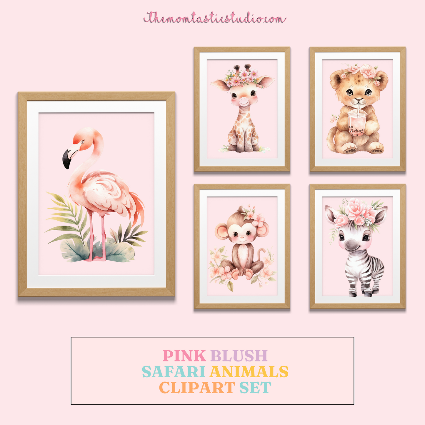 Pink Blush Safari Animals – Clipart Set - High-Quality PNG - Transparent Background - Commercial Use