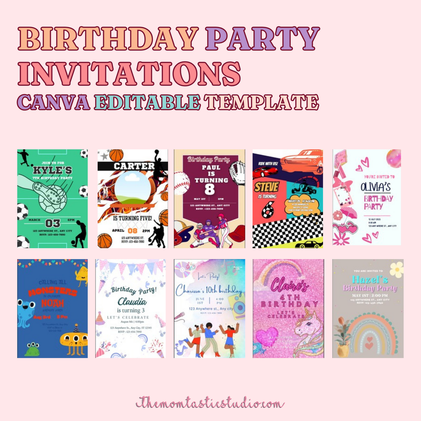 (50) Birthday Invitations Editable Canva Template – Instant Download