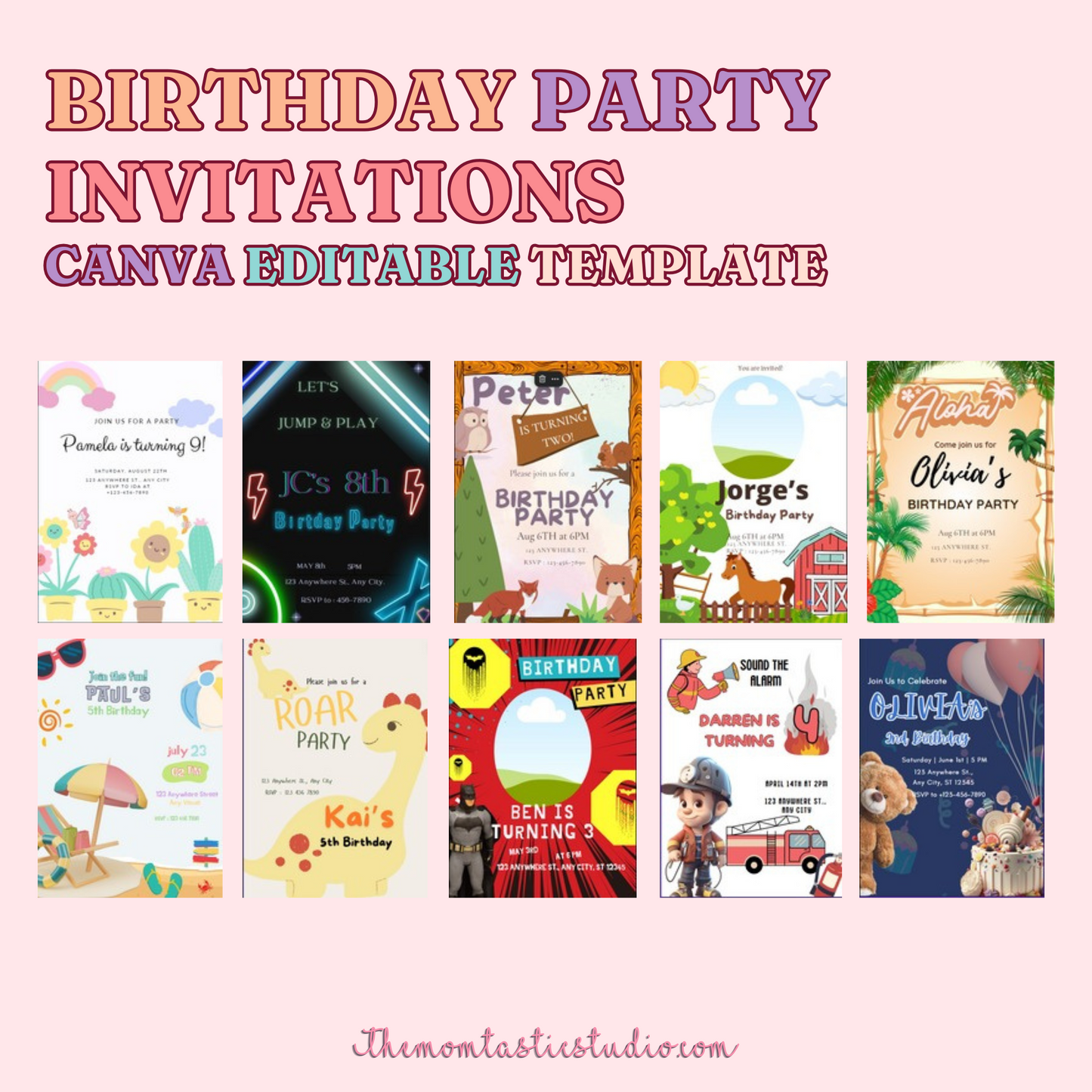 (50) Birthday Invitations Editable Canva Template – Instant Download