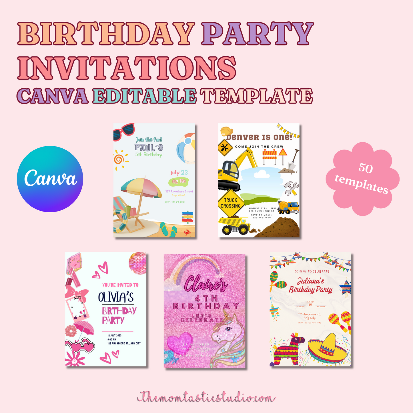 (50) Birthday Invitations Editable Canva Template – Instant Download