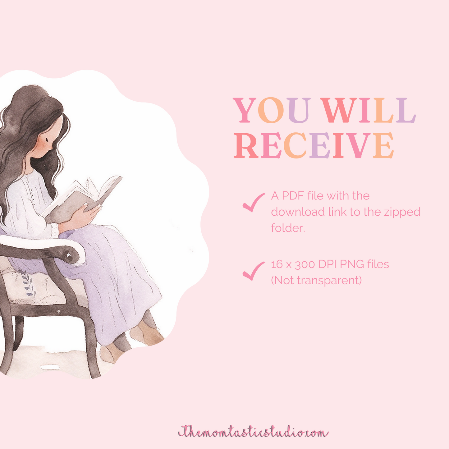 Girl Reading on a Chair Digital Illustration 300DPI – Instant Download – Commercial Use