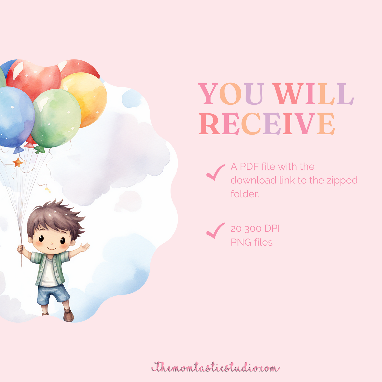 Balloons and Rainbows Watercolor Digital Illustration – Instant Download – High-Quality - 300 DPI - Commercial Use