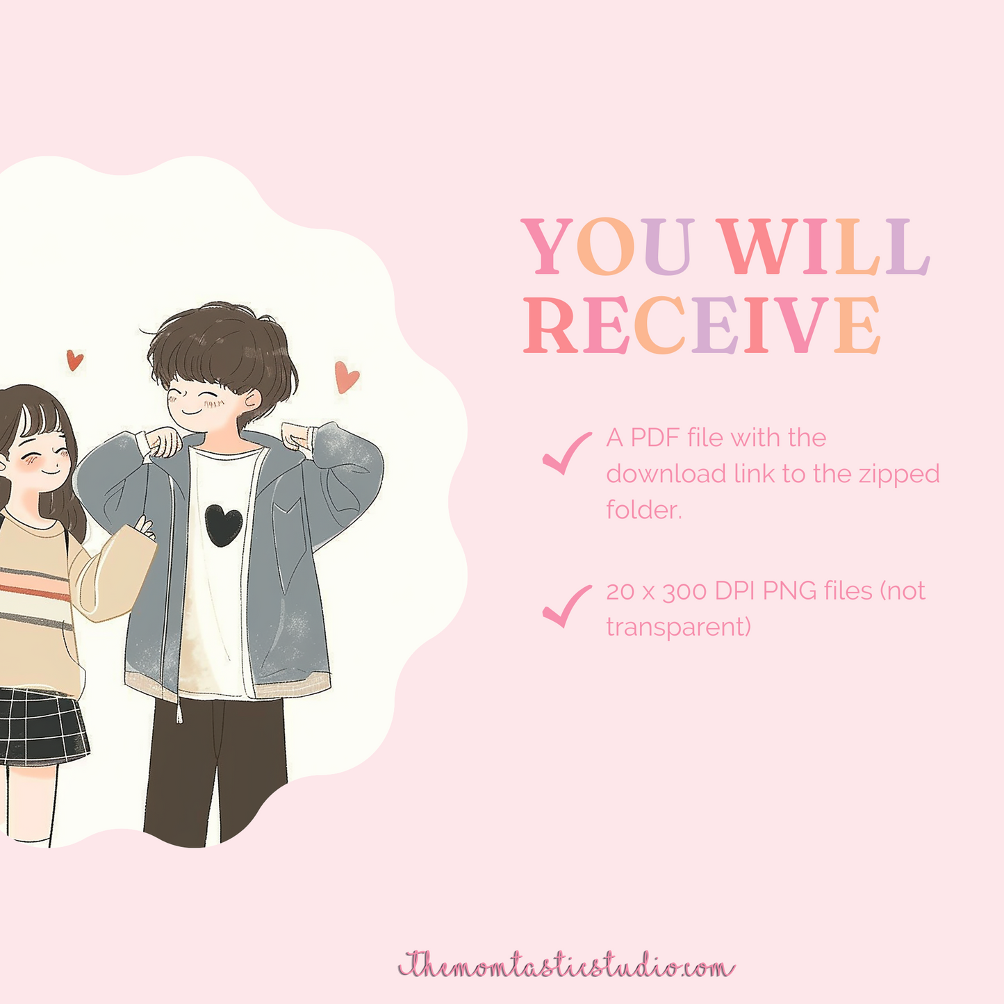 VDay Cute Chibi Couple Digital Illustration 300DPI – Instant Download – Commercial Use