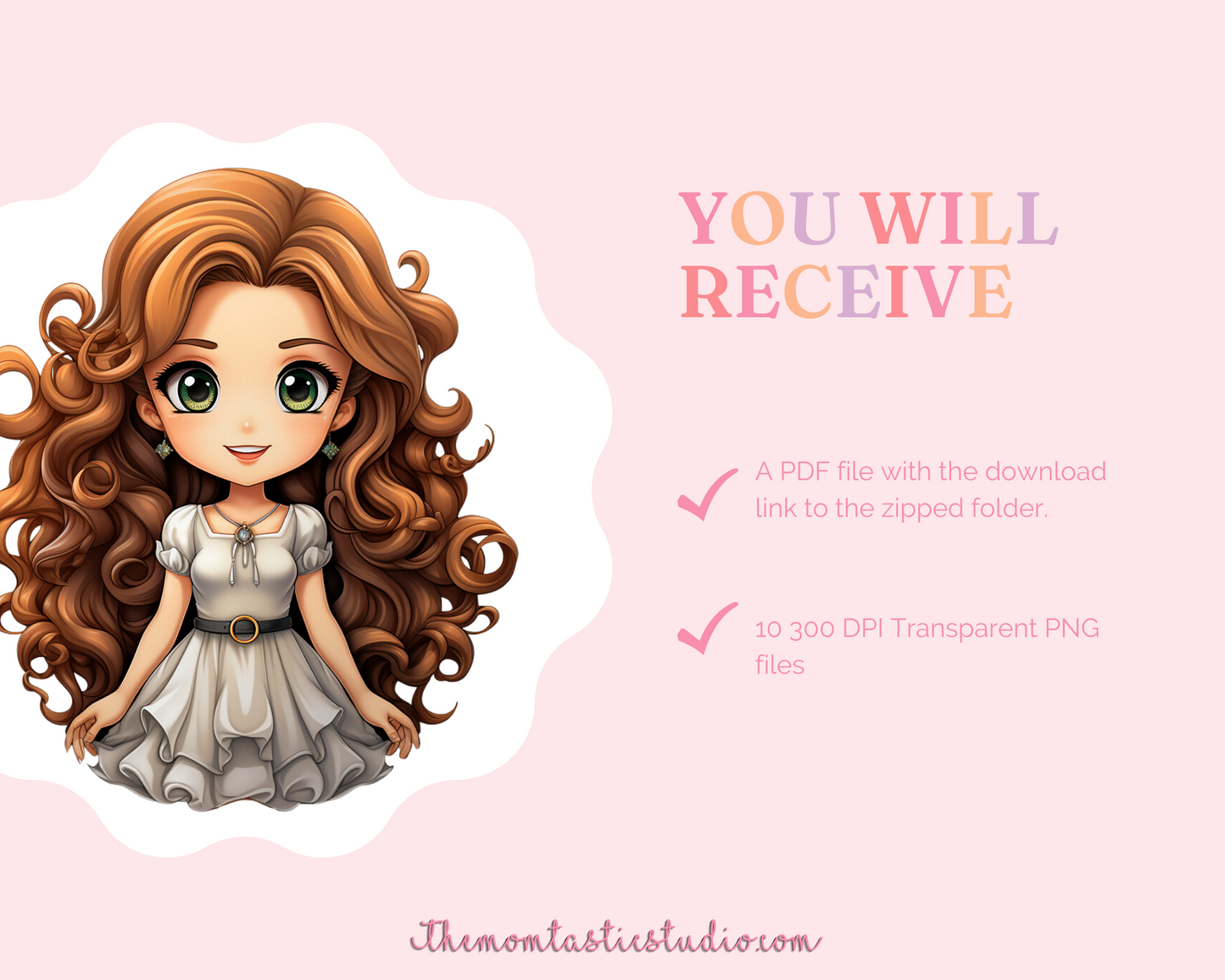 Chibi Princesses Sticker Clipart – Instant Download – High-Quality PNG - Transparent Background - Commercial Use