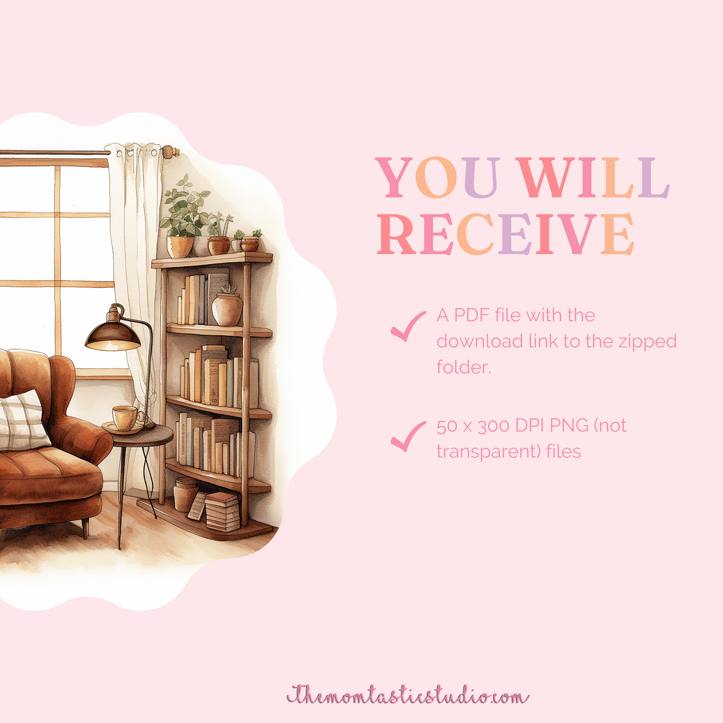 Cozy Reading Nook Watercolor Digital Illustration 300DPI – Instant Download – Commercial Use