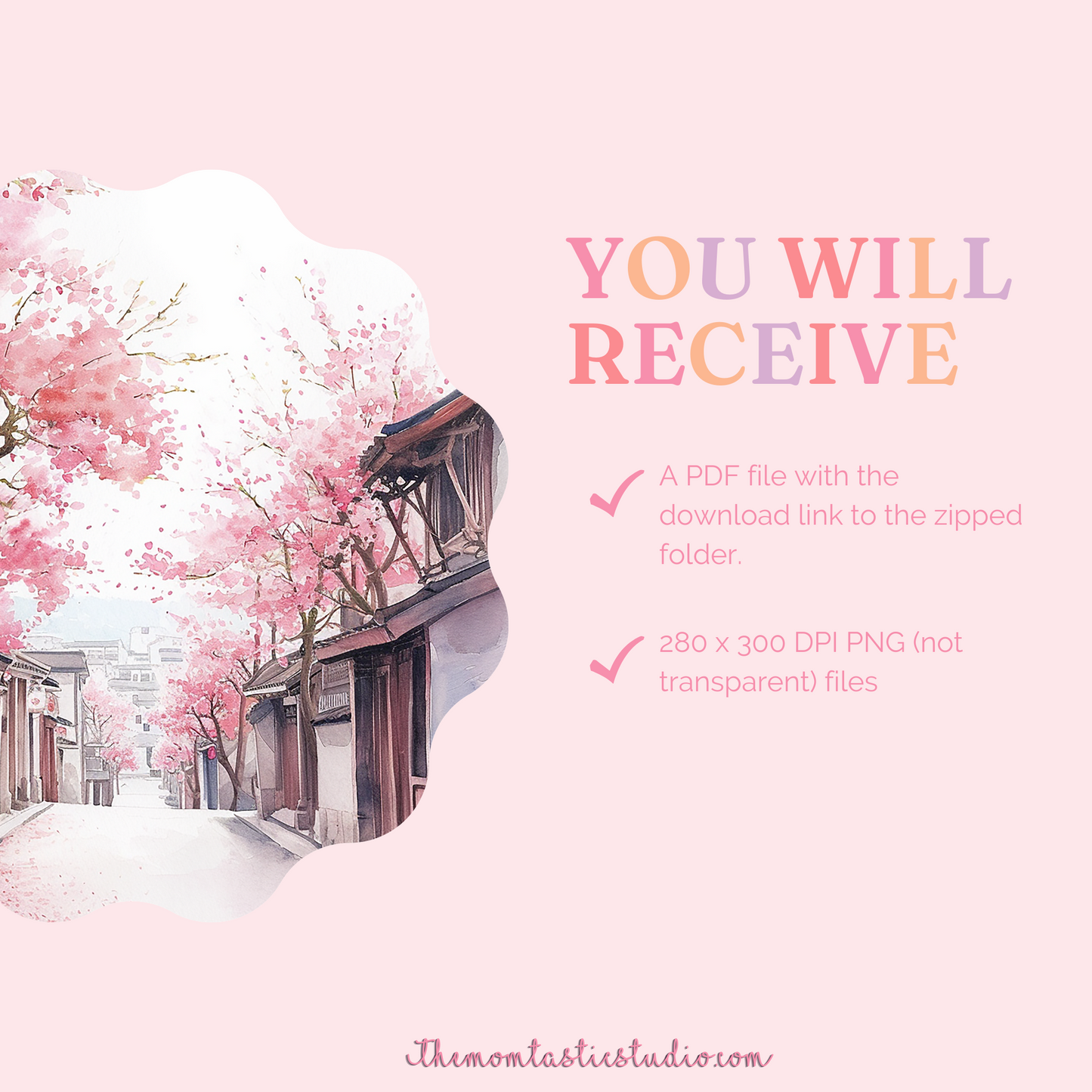 Cherry Blossoms Down the Road - Watercolor Digital Illustration 300DPI – Instant Download – Commercial Use