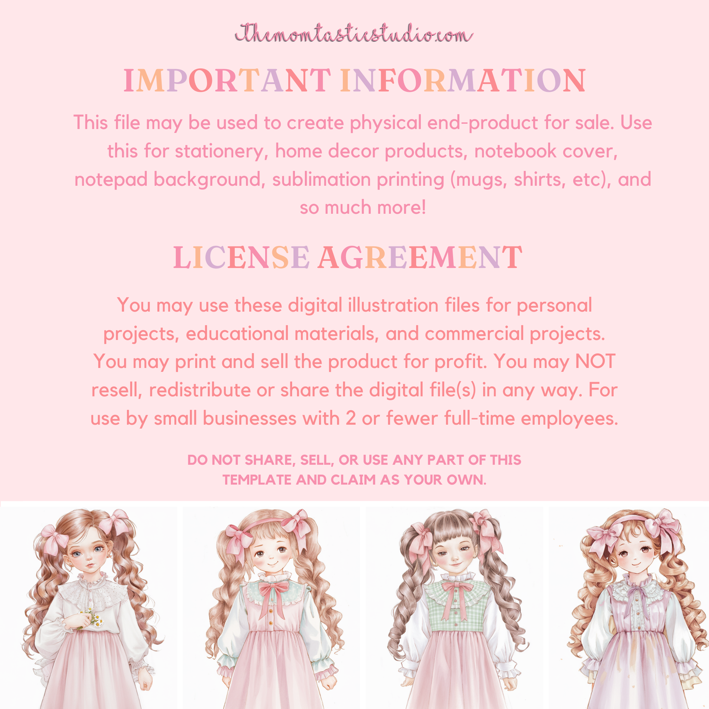 Girl with Pink Bows Illustration - 300 DPI – Instant Download – Commercial Use