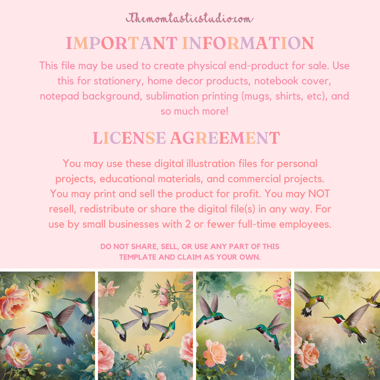 Roses and Hummingbirds Illustration (A4 Landscape) - 300 DPI – Instant Download – Commercial Use