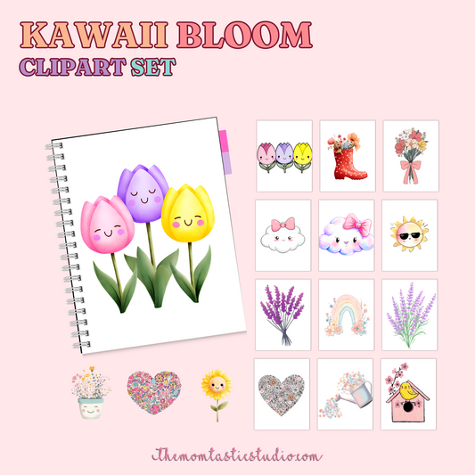 Kawaii Bloom Clipart Set – Instant Download – 300 DPI - Commercial Use (Transparent PNG)