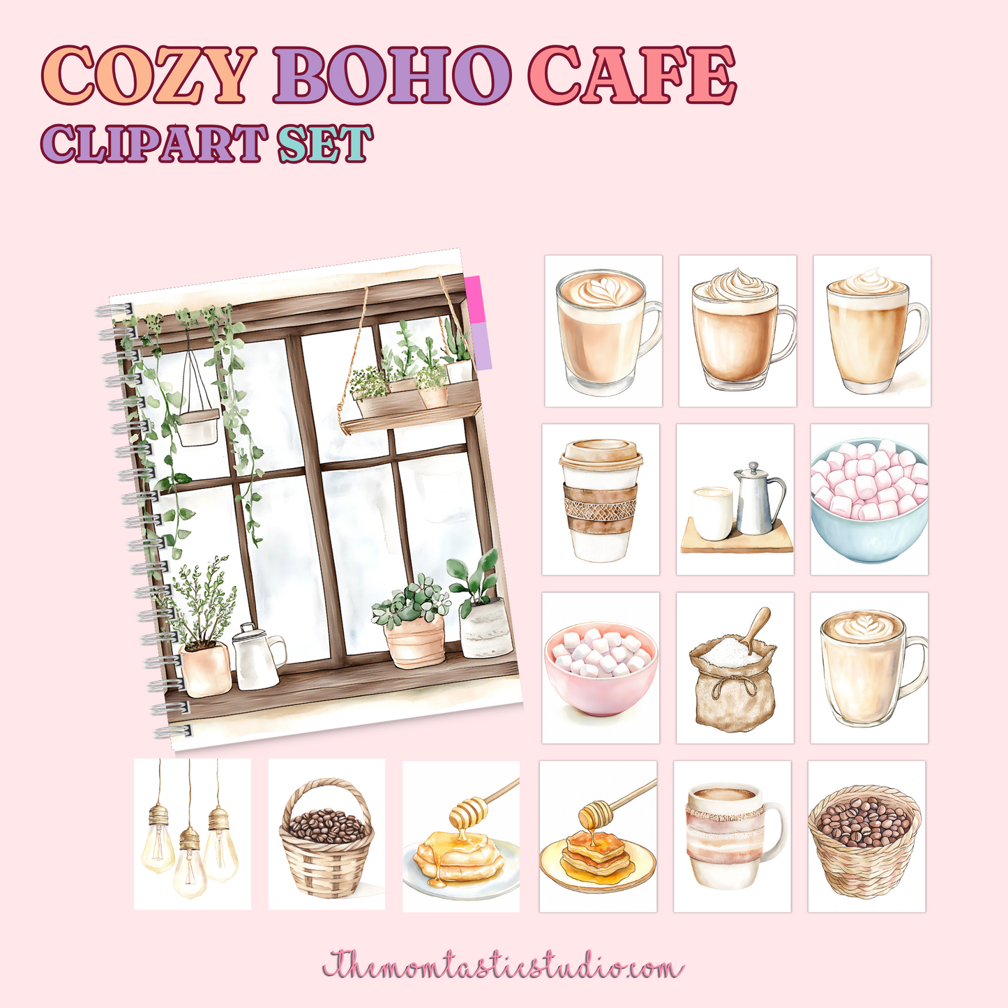 Cozy Boho Cafe Clipart Set – Instant Download – 300 DPI - Commercial Use (Transparent PNG)