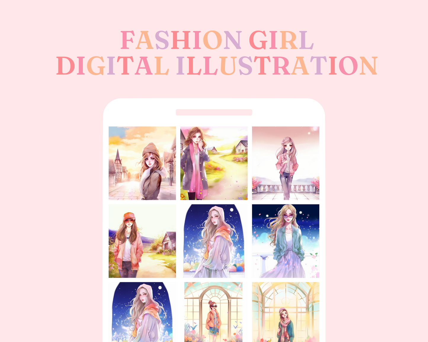 Beautiful Fashion Girls (Set 1) with Scenic Background Digital Illustration for Commercial Use - Commercial Use