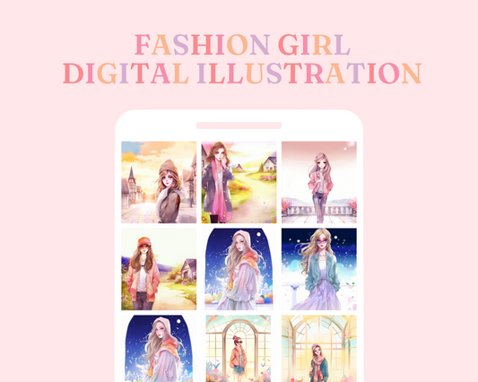 Beautiful Fashion Girls (Set 1) with Scenic Background Digital Illustration for Commercial Use - Commercial Use