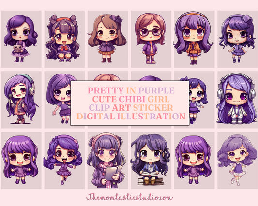 Pretty in Purple Chibi Girls Stickers Clipart – Printable – Instant Download – High-Quality PNG - Transparent Background - Commercial Use