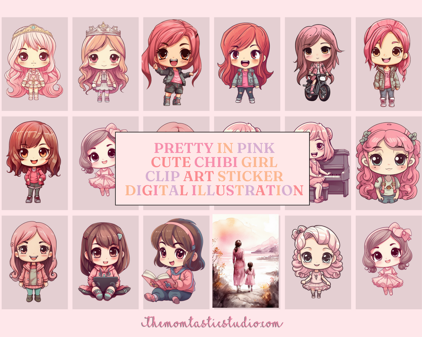 Pretty Series Chibi Girls Stickers Clipart Collection – Printable – Instant Download – High-Quality PNG - Transparent Background - Commercial Use