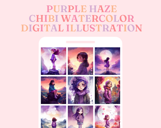 Purple Haze Chic Chibi Watercolor Digital Illustration - Commercial Use - Pretty - Instant Download