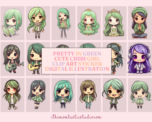 Pretty in Green Chibi Girls Stickers Clipart – Printable – Instant Download – High-Quality PNG - Transparent Background - Commercial Use