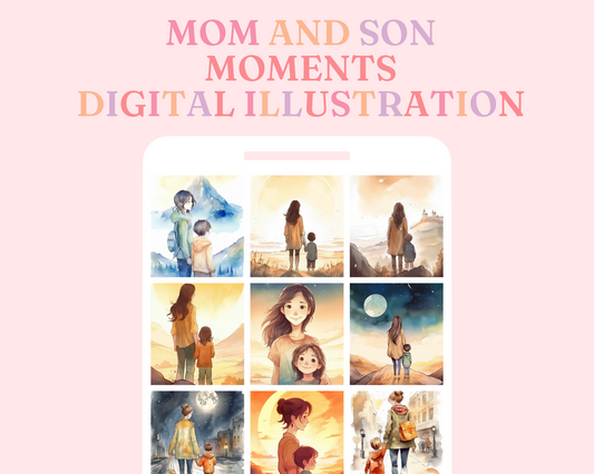 Mom and Son Moments - Digital Illustration - Commercial Use - Watercolor Wall Art