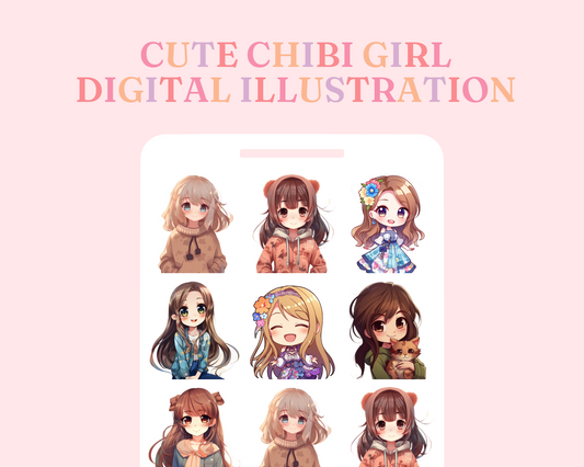 Cute Girls, Chibi Digital Illustration for Commercial Use Set 1