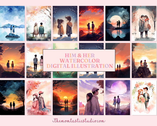 Him and Her Beautiful Watercolor Digital Illustration - Commercial Use - Pretty - Instant Download