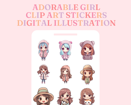 Adorable Playful Chibi Girl Stickers Clipart –Printable – Instant Download – High-Quality PNG - Transparent Background - Commercial Use