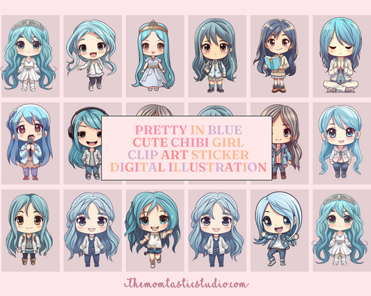 Pretty in Blue Chibi Girls Stickers Clipart – Printable – Instant Download – High-Quality PNG - Transparent Background - Commercial Use