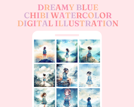 Dreamy Blue Chibi Watercolor Digital Illustration - Commercial Use