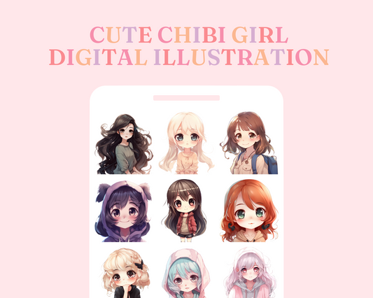 Cute Chibi Girls Set 2, Chibi Digital Illustration for Commercial Use