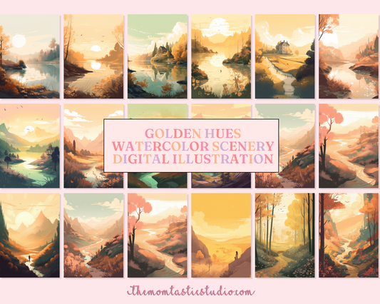 Golden Hues Digital Illustration – Watercolor Scenery – Nature, Pond, Lake, Forest, Mountains – Instant Download – High-Resolution Art – Commercial Use