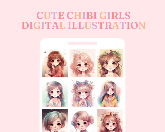 Cute Chibi Girls Digital Illustration, Pastel, Commercial Use - Set 3