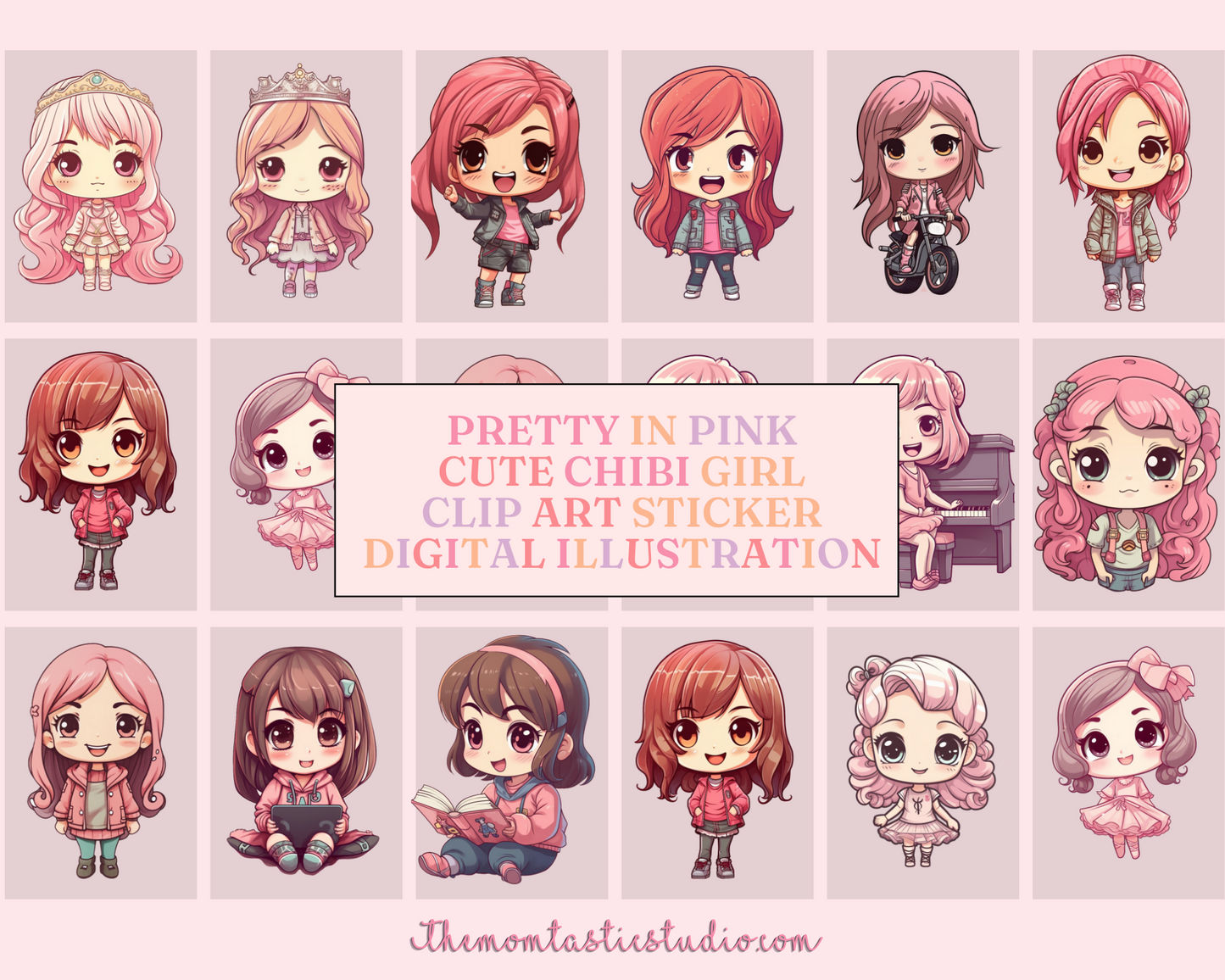 Pretty in Pink Chibi Girls Stickers Clipart – Printable – Instant Download – High-Quality PNG - Transparent Background - Commercial Use