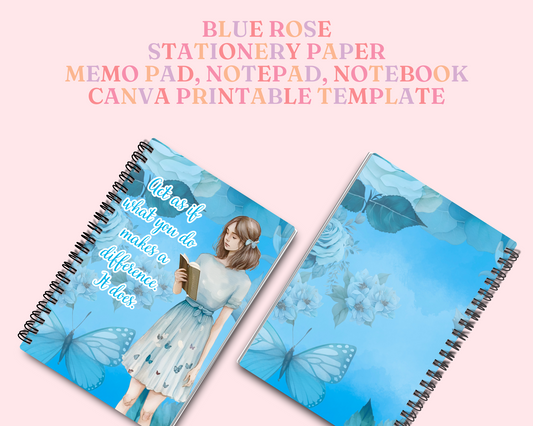 Blue Rose Stationery Paper – Memopad, Notepad & Notebook – Commercial Use – Digital Canva Template