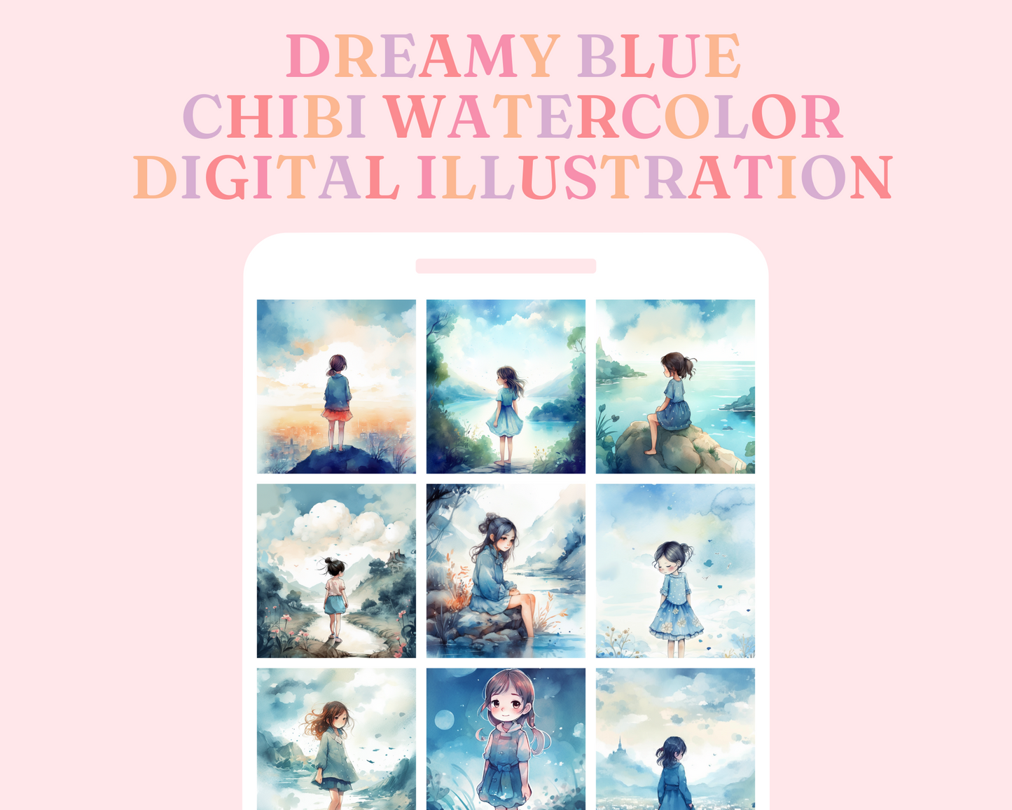 Purple Haze and Dreamy Blue Bundle - Chibi Watercolor Digital Illustration - Commercial Use