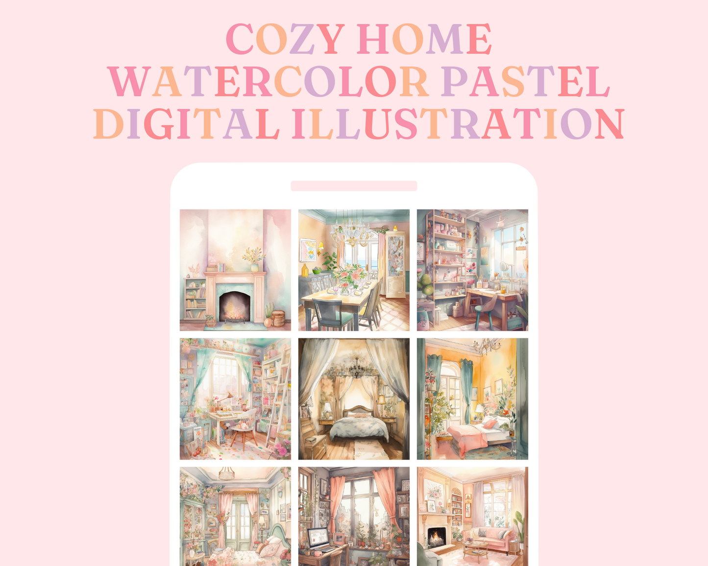 Cozy Home Watercolor Digital Illustration, Pastel, Sky for Commercial Use
