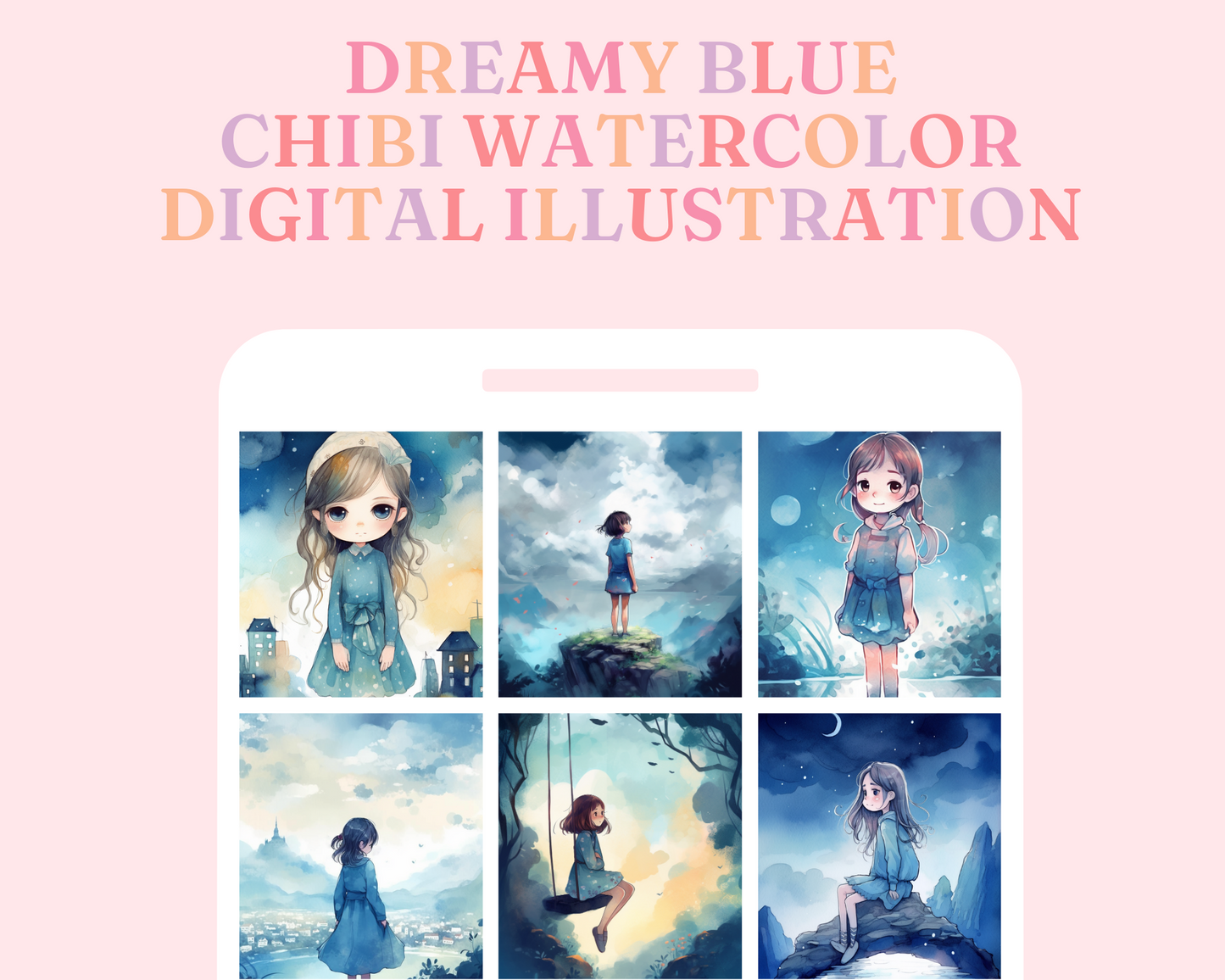 Dreamy Blue Chibi Watercolor Digital Illustration - Commercial Use