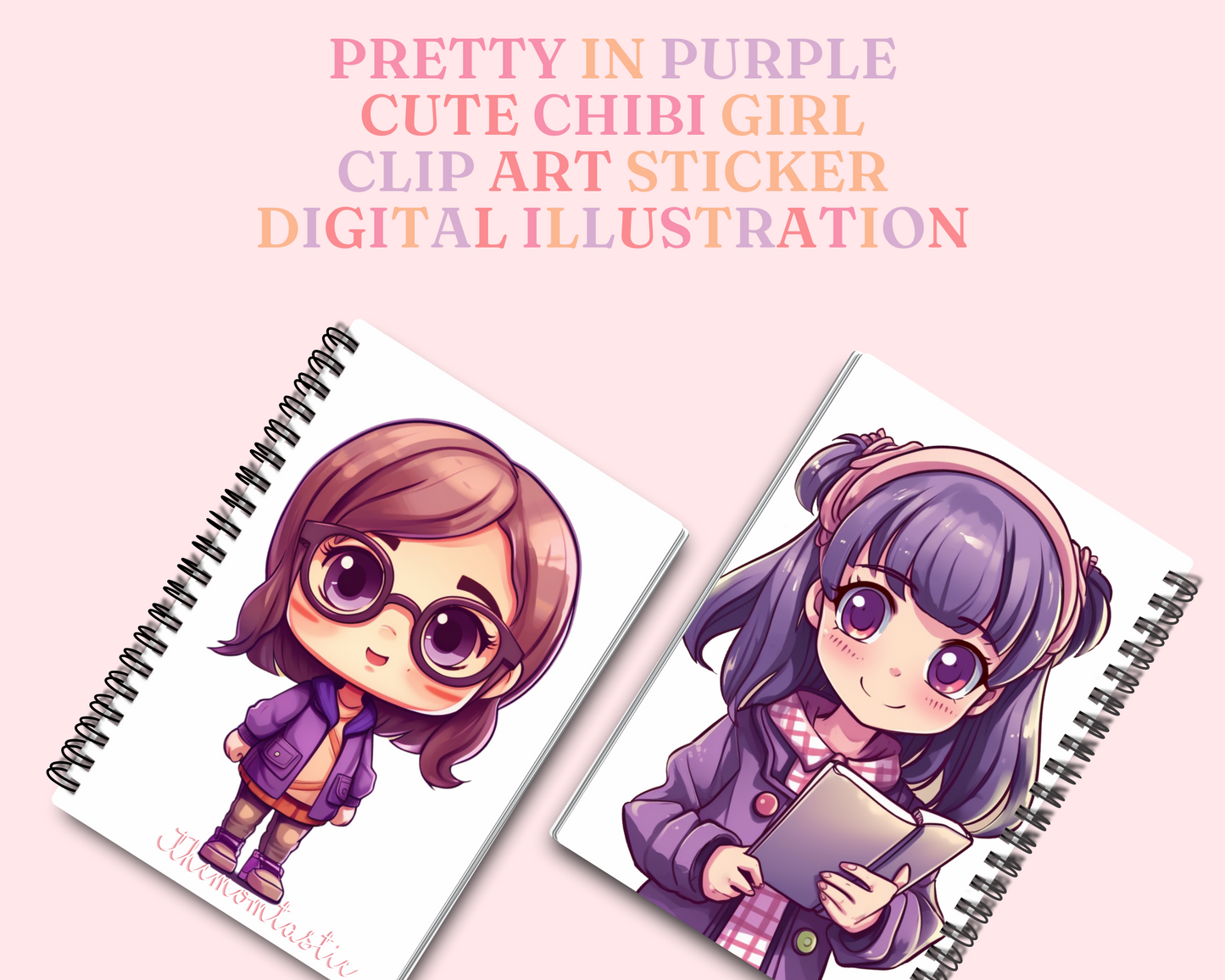 Pretty in Purple Chibi Girls Stickers Clipart – Printable – Instant Download – High-Quality PNG - Transparent Background - Commercial Use