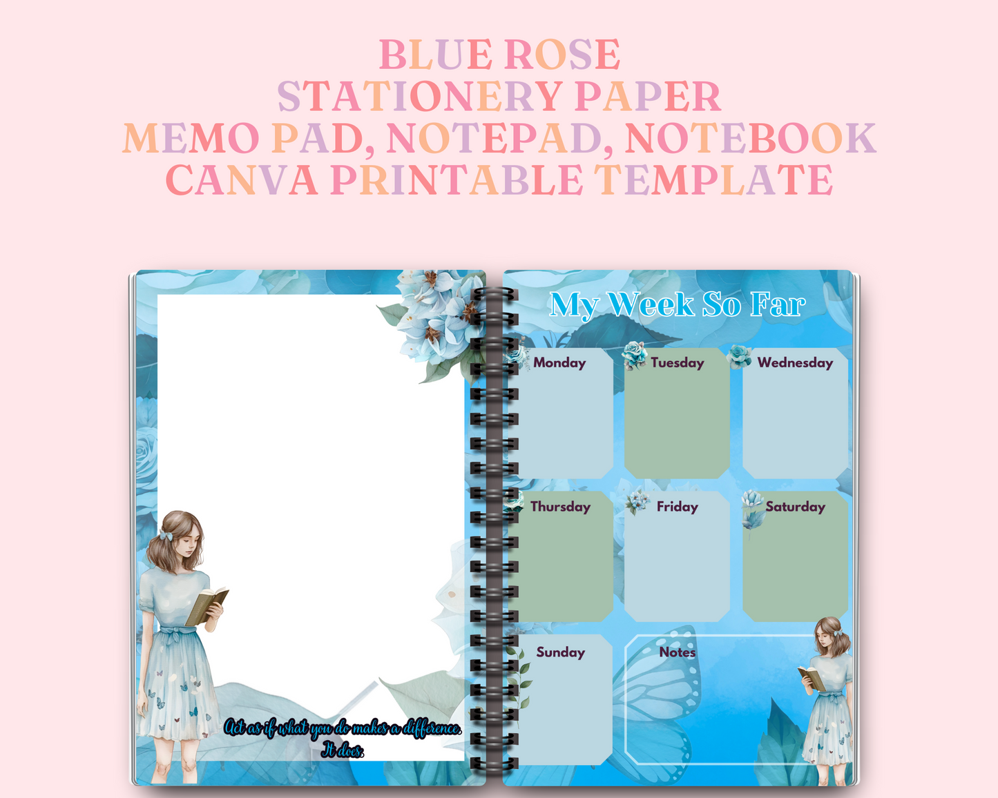 Blue Rose Stationery Paper – Memopad, Notepad & Notebook – Commercial Use – Digital Canva Template