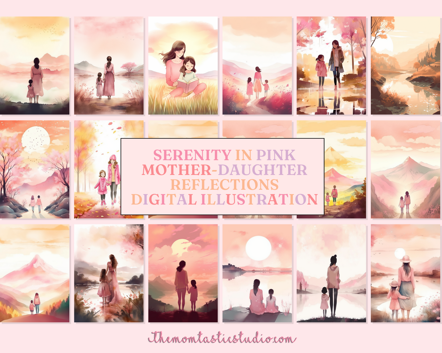 Serenity in Pink - Mother and Daughter Reflections - Digital Illustration - Watercolor Pastel