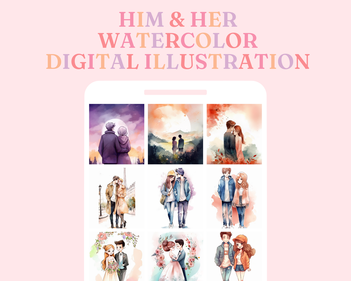 Him and Her Beautiful Watercolor Digital Illustration - Commercial Use - Pretty - Instant Download