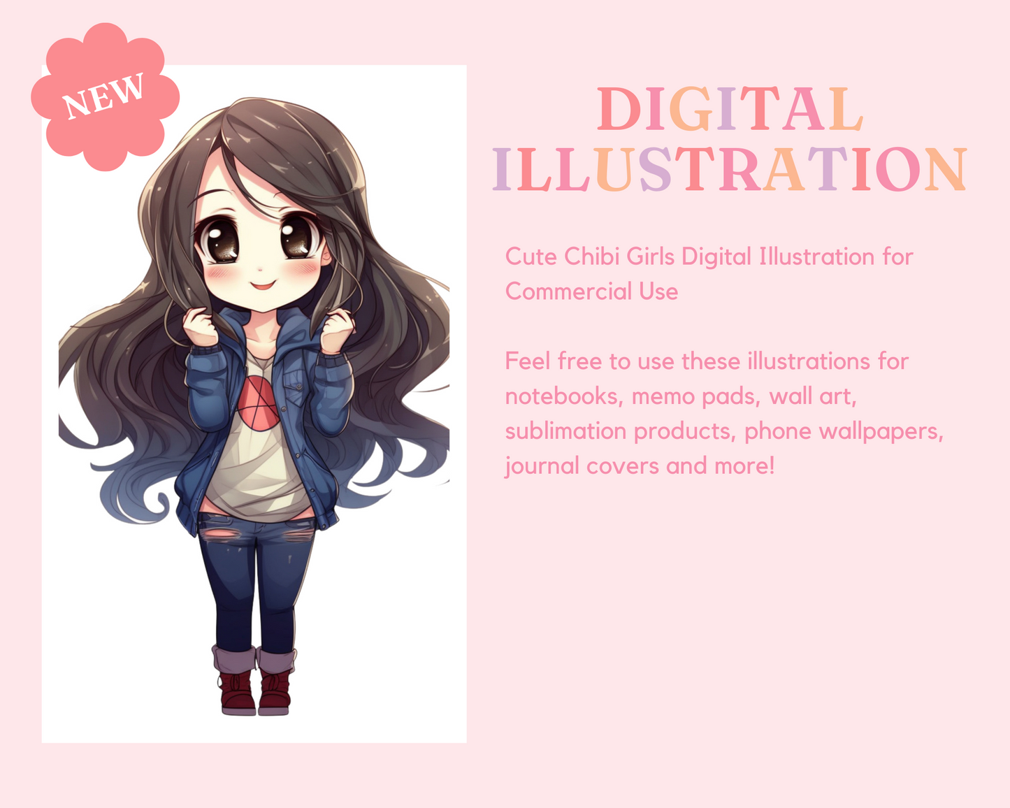 Cute Chibi Girls Set 2, Chibi Digital Illustration for Commercial Use