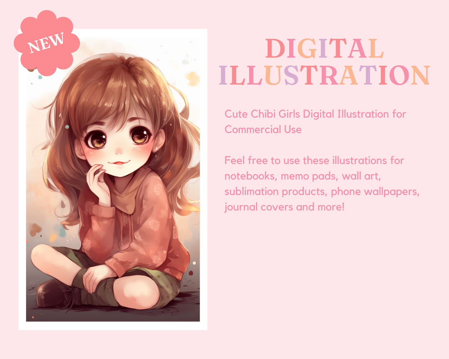 Cute Chibi Girls Digital Illustration, Pastel, Commercial Use - Set 3