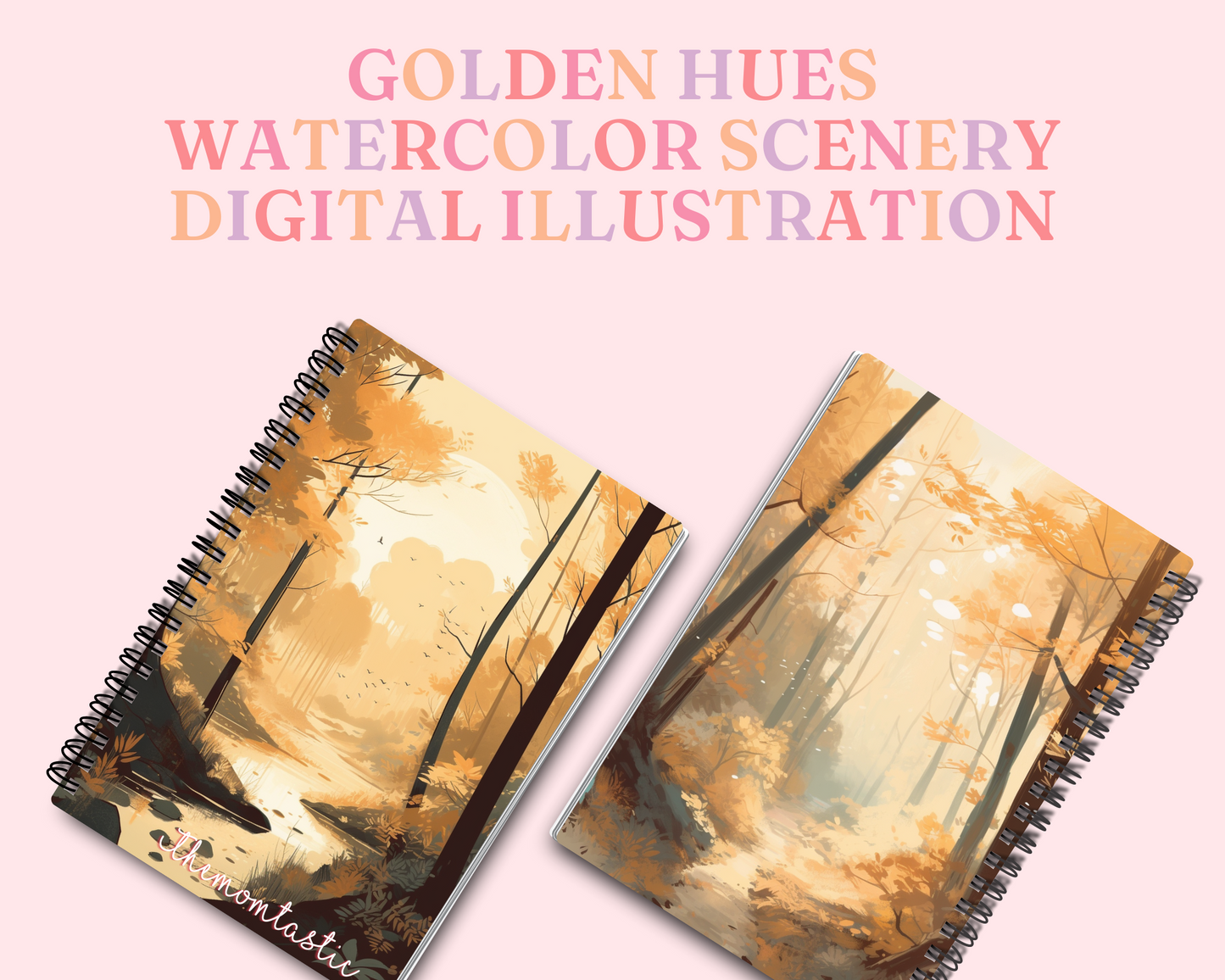 Golden Hues Digital Illustration – Watercolor Scenery – Nature, Pond, Lake, Forest, Mountains – Instant Download – High-Resolution Art – Commercial Use