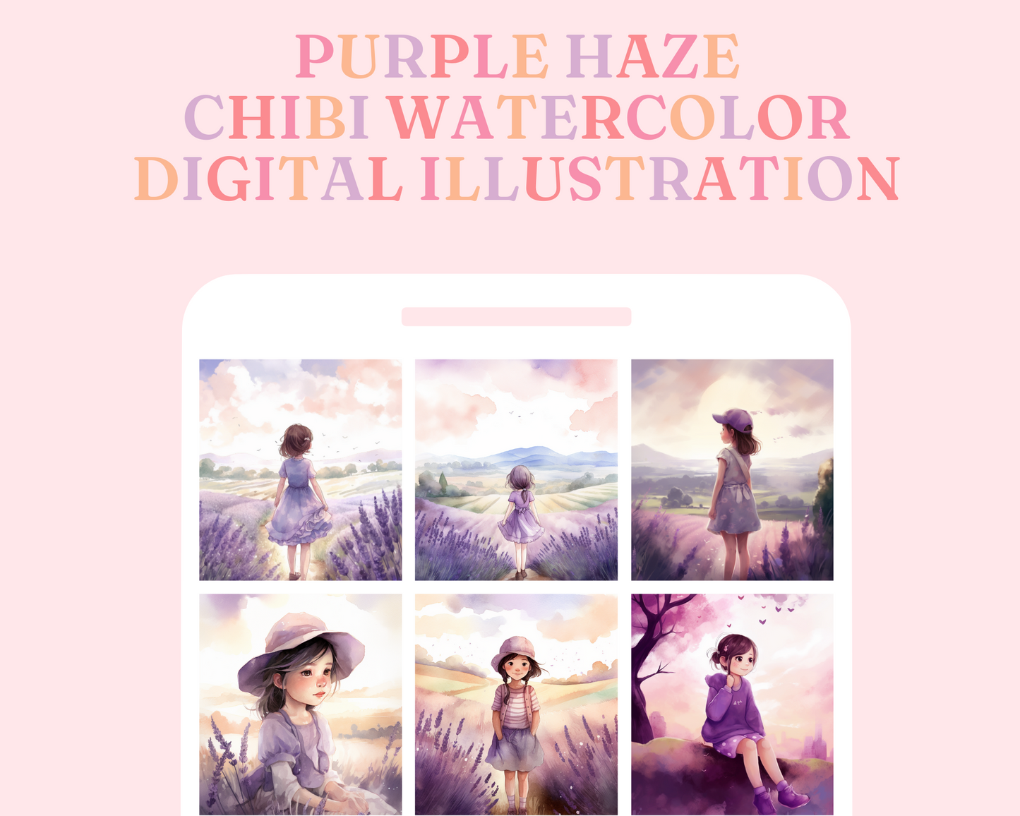 Purple Haze Chic Chibi Watercolor Digital Illustration - Commercial Use - Pretty - Instant Download